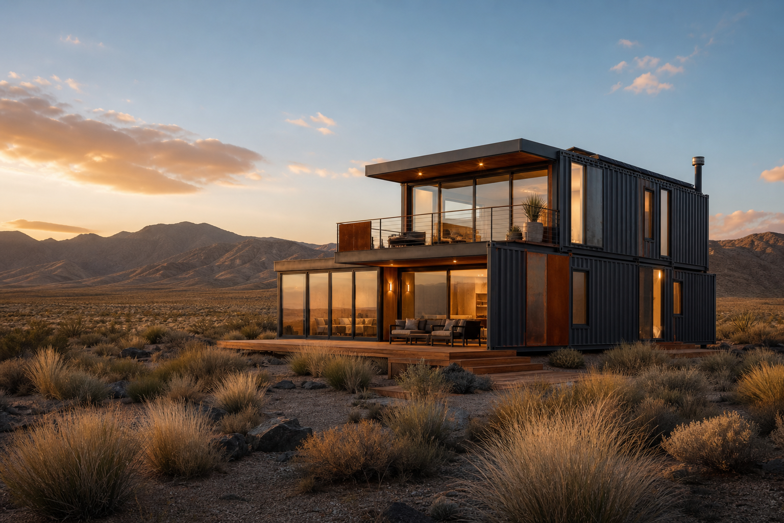 Luxury two-story container home in the desert